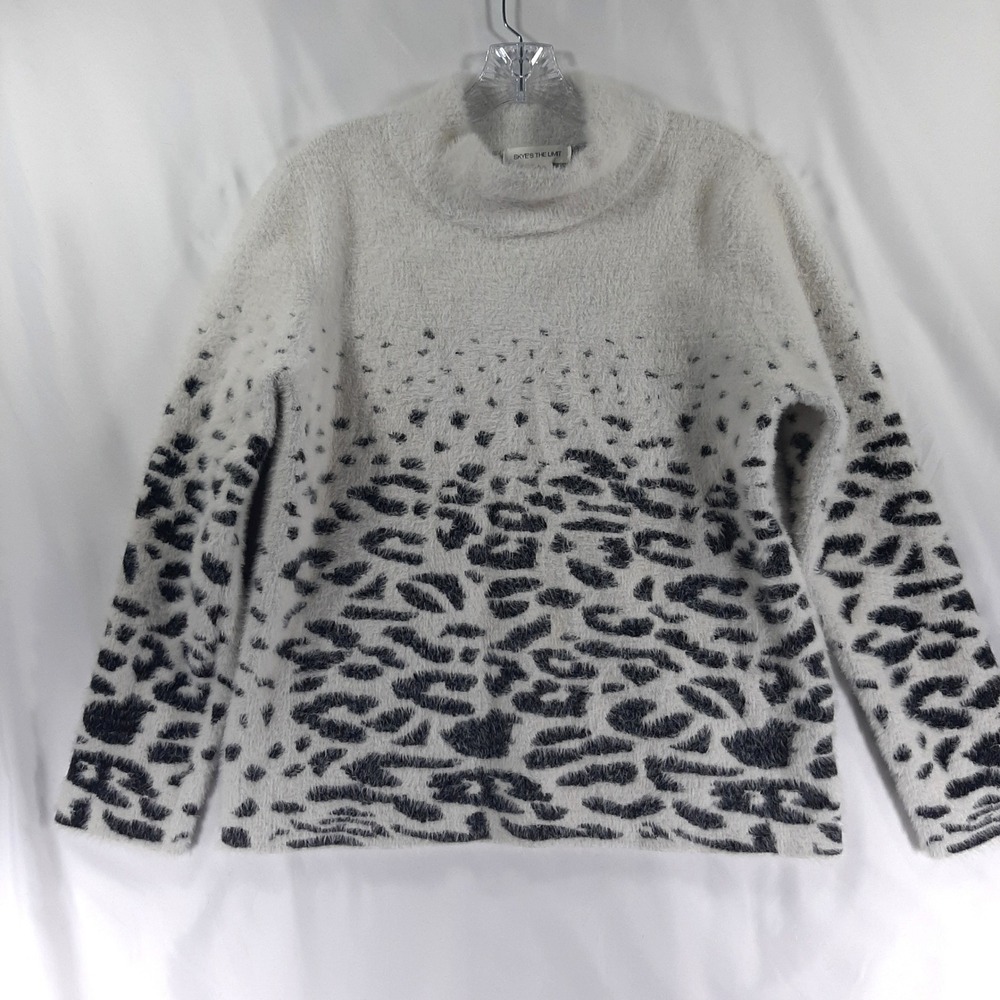 Skye's The Limit Womens Leopard Print Fuzzy Eyelash Knit Mock Neck Sweater White